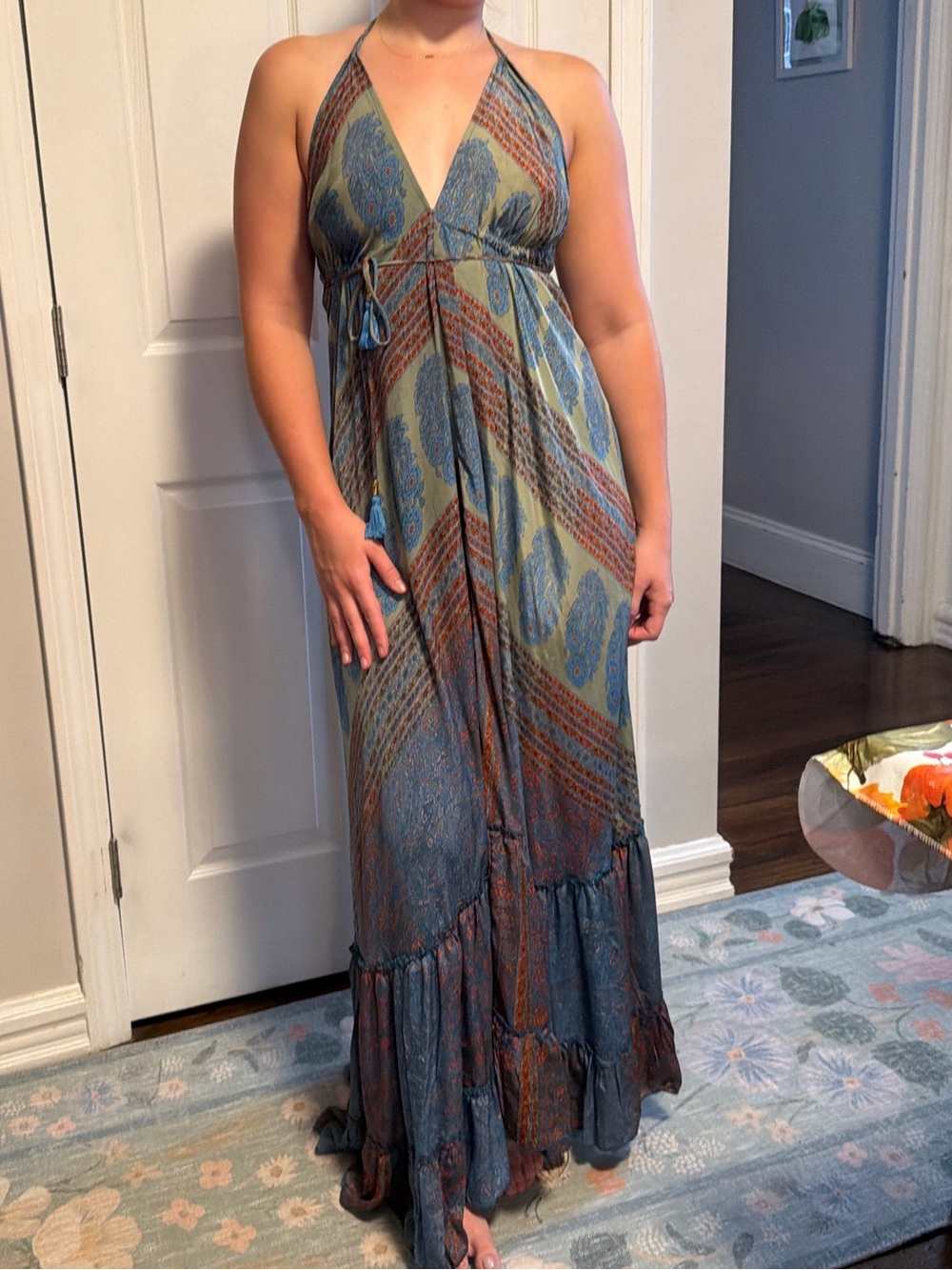 Women’s Blue and Rust Halter Maxi Dress